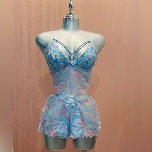 Elegant Lace Lingerie Set in Pastel Blue and Pink